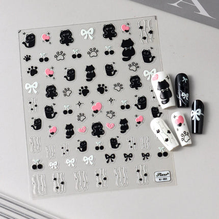 Cute Black Cat Nail Stickers Decals 5D Embossed Kawaii Cat Flowers Star Nail Art Decoration Cute Cartoon Sliders Summer Manicure
