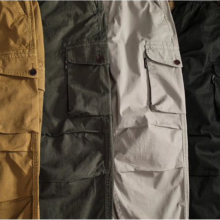 Men Elastic Drawstring Waist Jogger Cargo Pants Multi Button Pockets Vintage Washed Tapered Ankle Cuff Casual Street Trousers