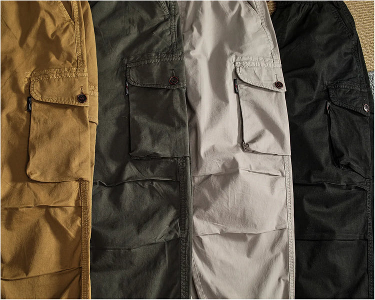 Men Elastic Drawstring Waist Jogger Cargo Pants Multi Button Pockets Vintage Washed Tapered Ankle Cuff Casual Street Trousers