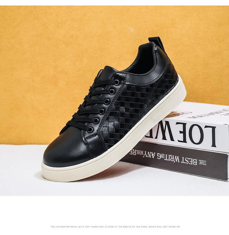 Men Low Top Leather Casual Shoes Lace-up Fashion Sneakers Black Embossed Plaid Upper Non Slip Flat Daily Wear Board Footwear