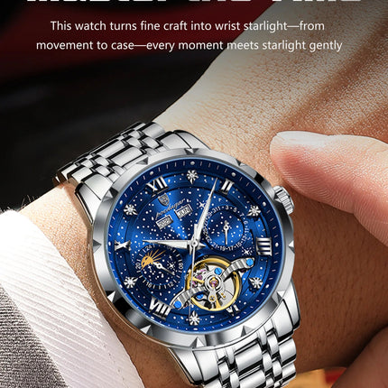 POEDAGAR Top Orologio da uomo originale Orologio meccanico automatico da uomo in acciaio inossidabile Calendario Hollow Tourbillon Orologio da uomo Maschio + scatola platinumshop