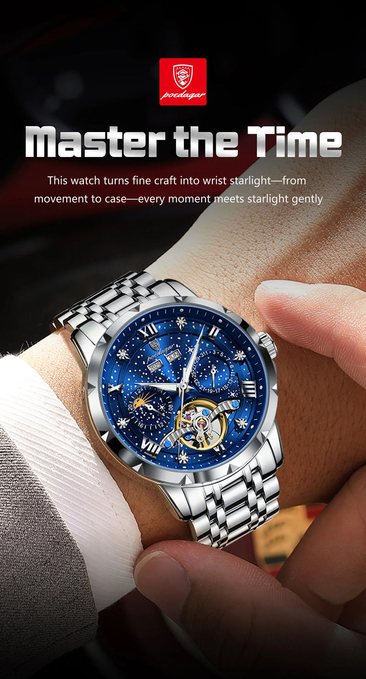 POEDAGAR Top Orologio da uomo originale Orologio meccanico automatico da uomo in acciaio inossidabile Calendario Hollow Tourbillon Orologio da uomo Maschio + scatola platinumshop