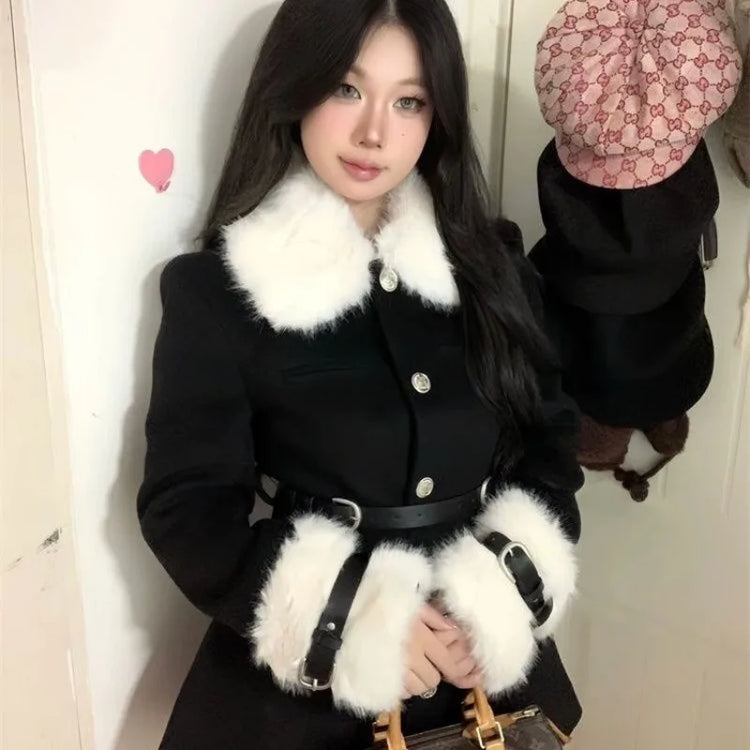 Women's Coats Advanced Sense Plush Spliced Turndown Collar Single Breasted Waist Retraction Skirt Style Woolen Coat Lady Clothes