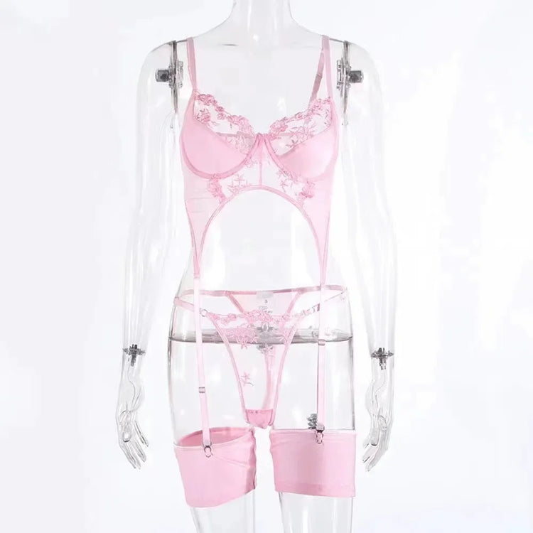 Sexy Fancy Lingerie Set Women Applique Split Underwear Beautiful Exotic Set Lace Intimate with Chain Pink Sexy Bra and Panty Set