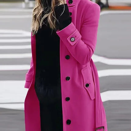 New Solid Color Button Long Wool Coat Autumn Warm Stand Collar Women Coat Fashion Ladies High Neck Pocket Belt Trench Coat