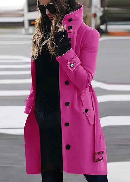 New Solid Color Button Long Wool Coat Autumn Warm Stand Collar Women Coat Fashion Ladies High Neck Pocket Belt Trench Coat