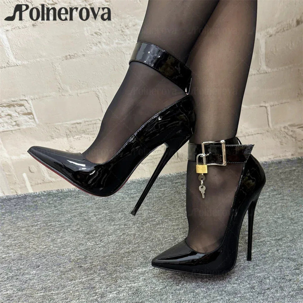 16cm Lock Pumps Sexy Pointed Stilettos Ankle Buckle Patent Leather High Heels Designer Metallic Lock Belt Buckle Lacquered Heels - PlatiNum
