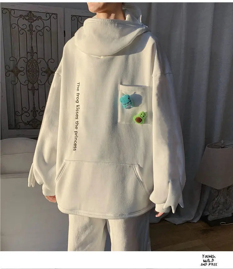 Y2K Autumn Winter Unisex Cartoon Frog Fleece Hoodies Loverly Zipper Loose Warm Sweatshirt Full Sleeve Harajuku Hooded Jackets