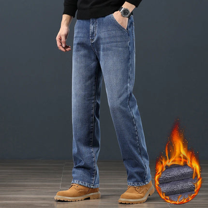 Winter Fleece Classic Loose Straight Men Jeans Warm Thicken Trousers Business Casual Velvet Elastic Denim Pants Plus Size 42 44