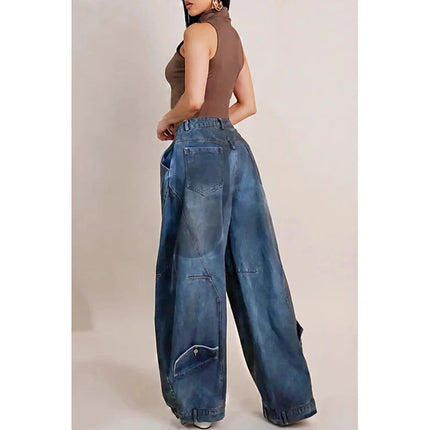 Y2K Jeans denim larghi da donna Tasca con bottoni asimmetrica Jean lavato Pantaloni casual Harajuku High Street Grunge Denim Trouders
