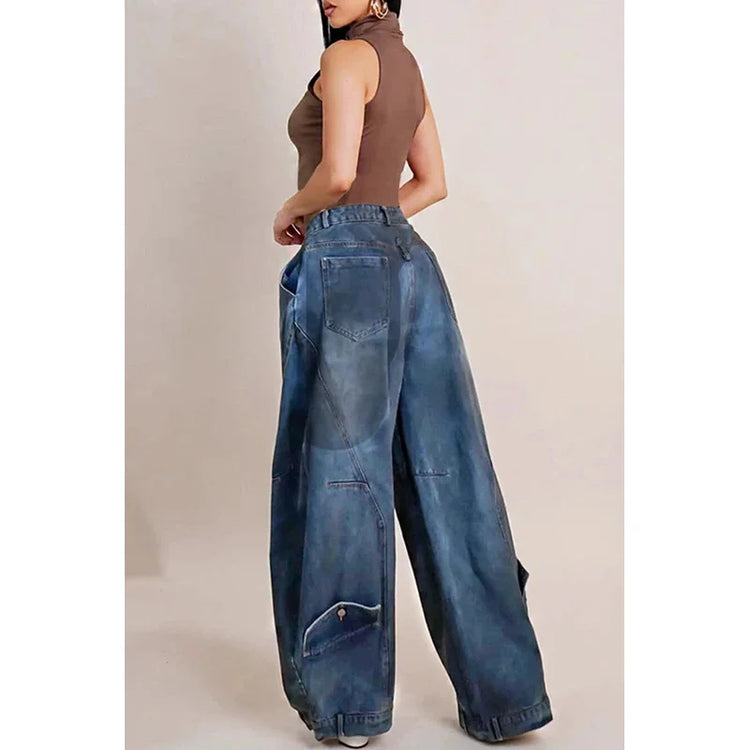 Y2K Jeans denim larghi da donna Tasca con bottoni asimmetrica Jean lavato Pantaloni casual Harajuku High Street Grunge Denim Trouders