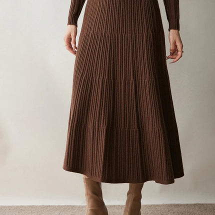 Autumn Winter Women Tiered Skirt Cashmere A-line Pleated Skirt Elastic Waist 100% Cashmere Knitted High Quality Soft Solid Dress PlatiNum