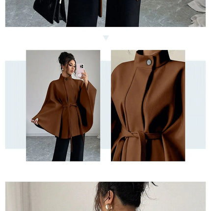 Wool Coat Women Autumn Winter Woolen Jacket Batwing Sleeve Button Lace Up Blends Turtleneck Overcoat Office Lady Outerwear