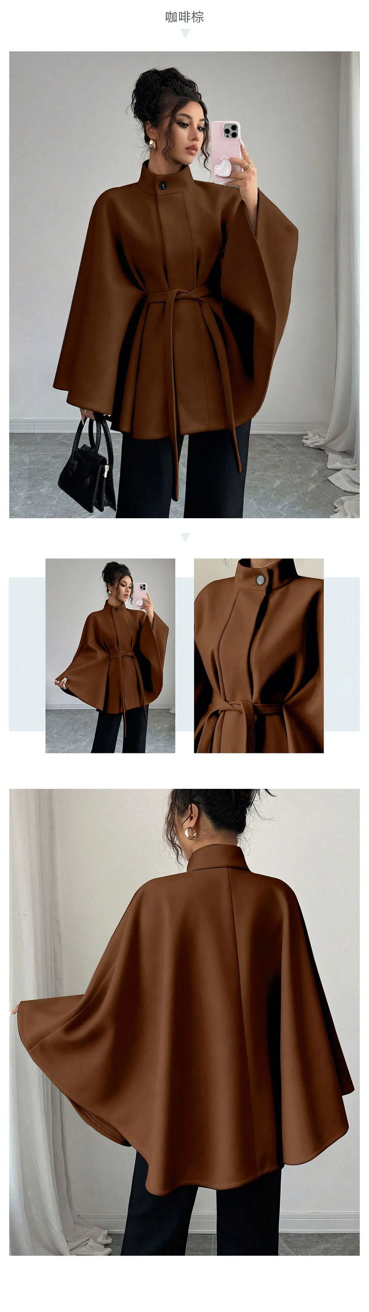 Wool Coat Women Autumn Winter Woolen Jacket Batwing Sleeve Button Lace Up Blends Turtleneck Overcoat Office Lady Outerwear
