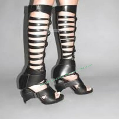Straps Hollow Knee High Sandals Open Toe Stiletto Heels Buckles Sexy Style Sandals Women Shoes Solid Stiletto Heels Summer Shoes