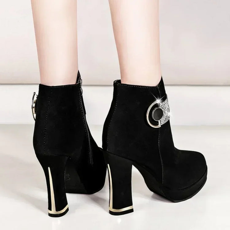 Fashionable Women's Red Wedding Shoes Autumn/winter Fleece-lined Thick Heel Short Boots Cotton Round Head Warm High Heels