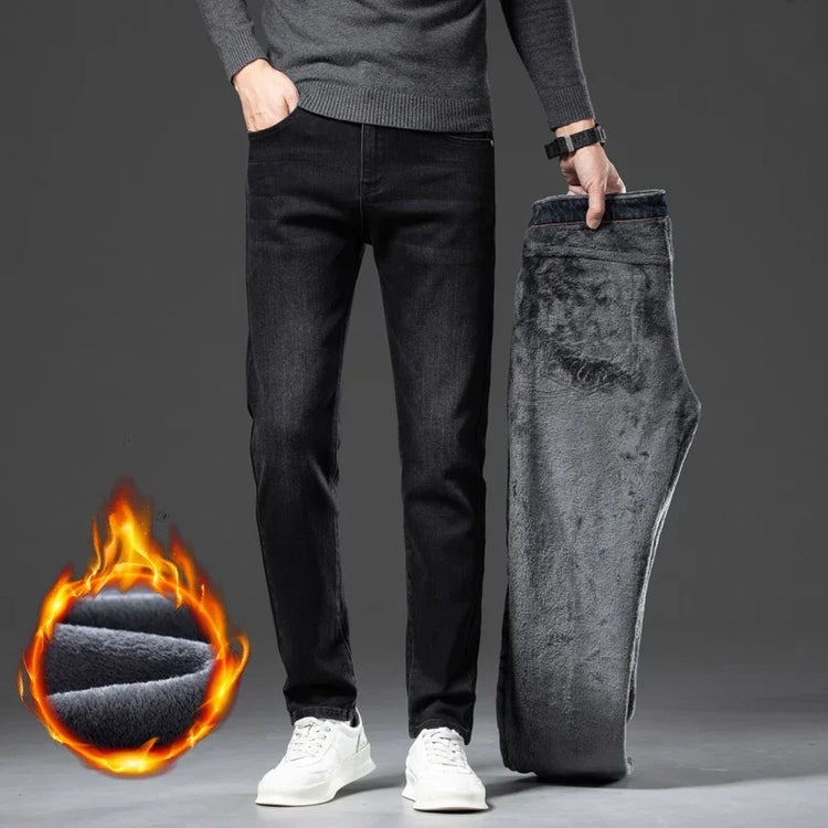 2026 New Winter Classic Brand Business Casual Velvet Plush Trousers Men Fleece Jeans Slim Straight Thicken Stretch Denim Pants