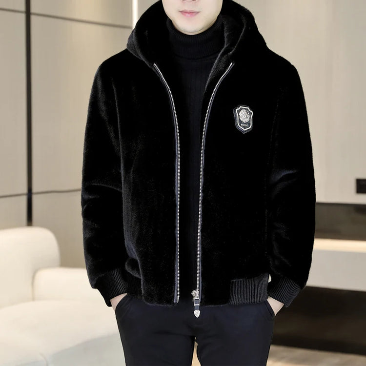 Autumn Winter Faux Fur Hooded Jacket Men Fashion Social Faux Mink Fur Casual Business Jacket Thick Warm Outdoor Windproof Coat