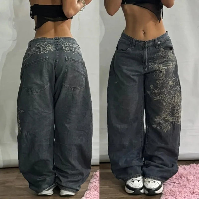Jeans Larghi da Donna Y2K Gothic Hip Hop Joker con Stampa Retrò e Ricami a Lettere, Nuova Moda Americana 2026