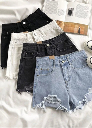 Pantaloncini di jeans coreani Donna Moda estiva Casual Jeans strappati a vita alta Tasca nappa Y2K Pantaloni caldi Streetwear Pantaloni blu - platinumshop