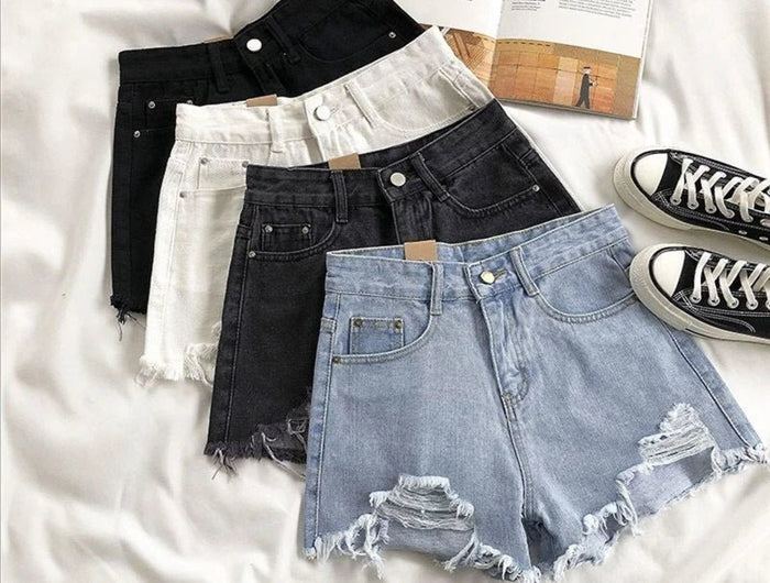 Pantaloncini di jeans coreani Donna Moda estiva Casual Jeans strappati a vita alta Tasca nappa Y2K Pantaloni caldi Streetwear Pantaloni blu - platinumshop