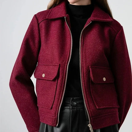 KONDALA Red Bordeaux Loose Jakcets Women Zipper Pockets Short Coats Fashion 2025 Autmn Elegant Bomer Jackets Elegant Outwears