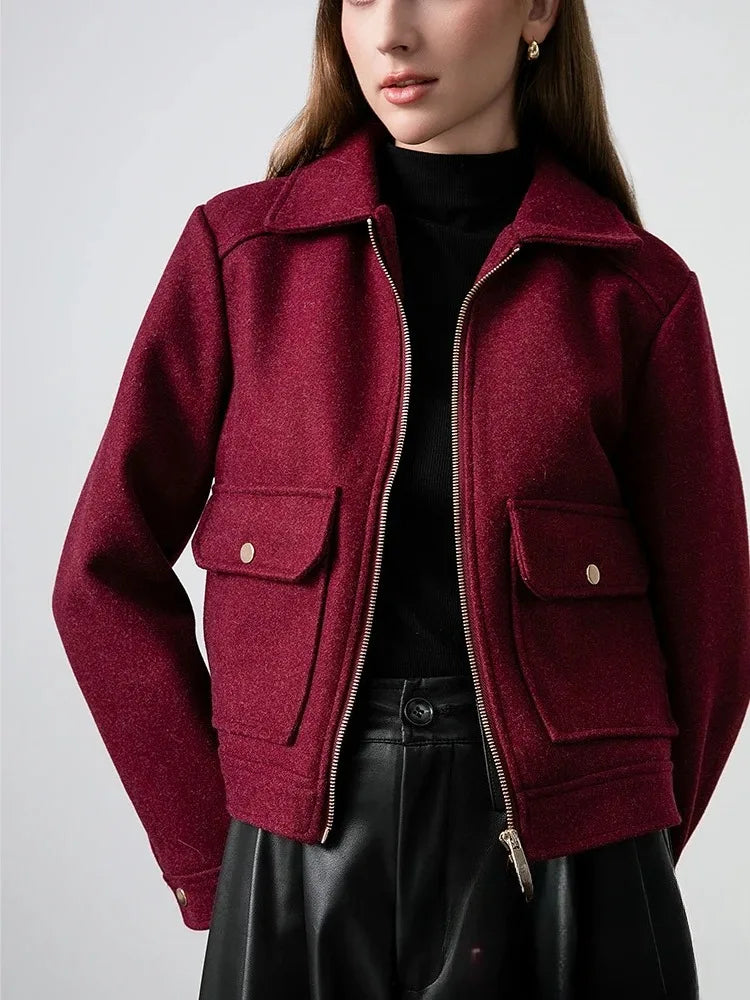 KONDALA Red Bordeaux Loose Jakcets Women Zipper Pockets Short Coats Fashion 2025 Autmn Elegant Bomer Jackets Elegant Outwears