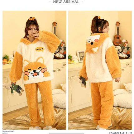 2024 New Plush Pajamas Set for Women Thick Hooded Women 2 Piece Clothes Set Cute Rabbit Women Pyjamas Coral Fleece Warm Homewear