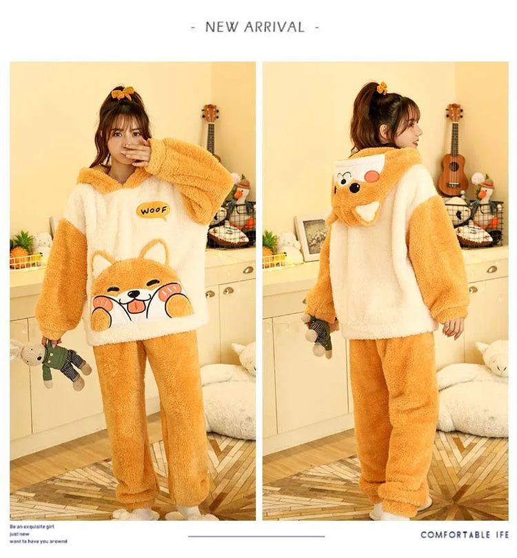 2024 New Plush Pajamas Set for Women Thick Hooded Women 2 Piece Clothes Set Cute Rabbit Women Pyjamas Coral Fleece Warm Homewear