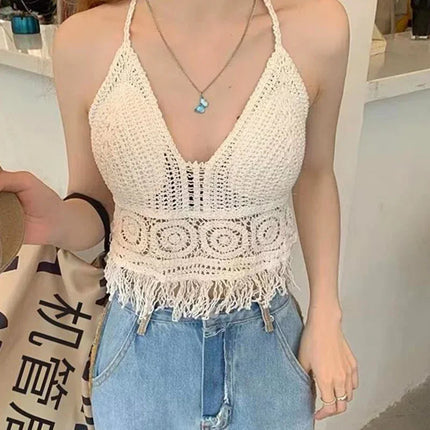 Sexy Boho Beach Holiday Canotta Halter Donna Crochet Maglia Costume da bagno Reggiseno Backless Vest Hollow Nappa Canotta Crop Top da donna platinumshop