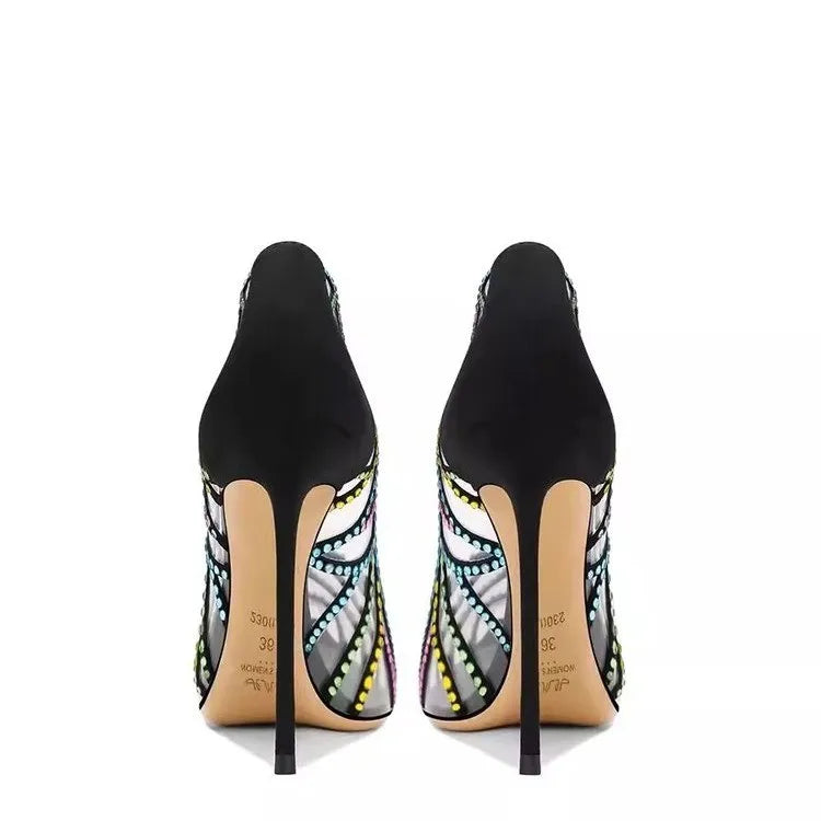 Scarpe da Donna Nere con Tacco a Spillo a Punta, Nuove 2026, con Strass Multicolore Trasparenti, Design di Nicchia platinumshop