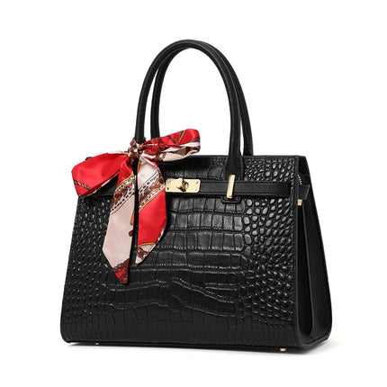 Borsa a Mano in Ecopelle Lucida Effetto Coccodrillo con Fiocco in Seta Stampata e Chiusura a Girello in Metallo, Borsa a Tracolla da Donna con Manico Superiore