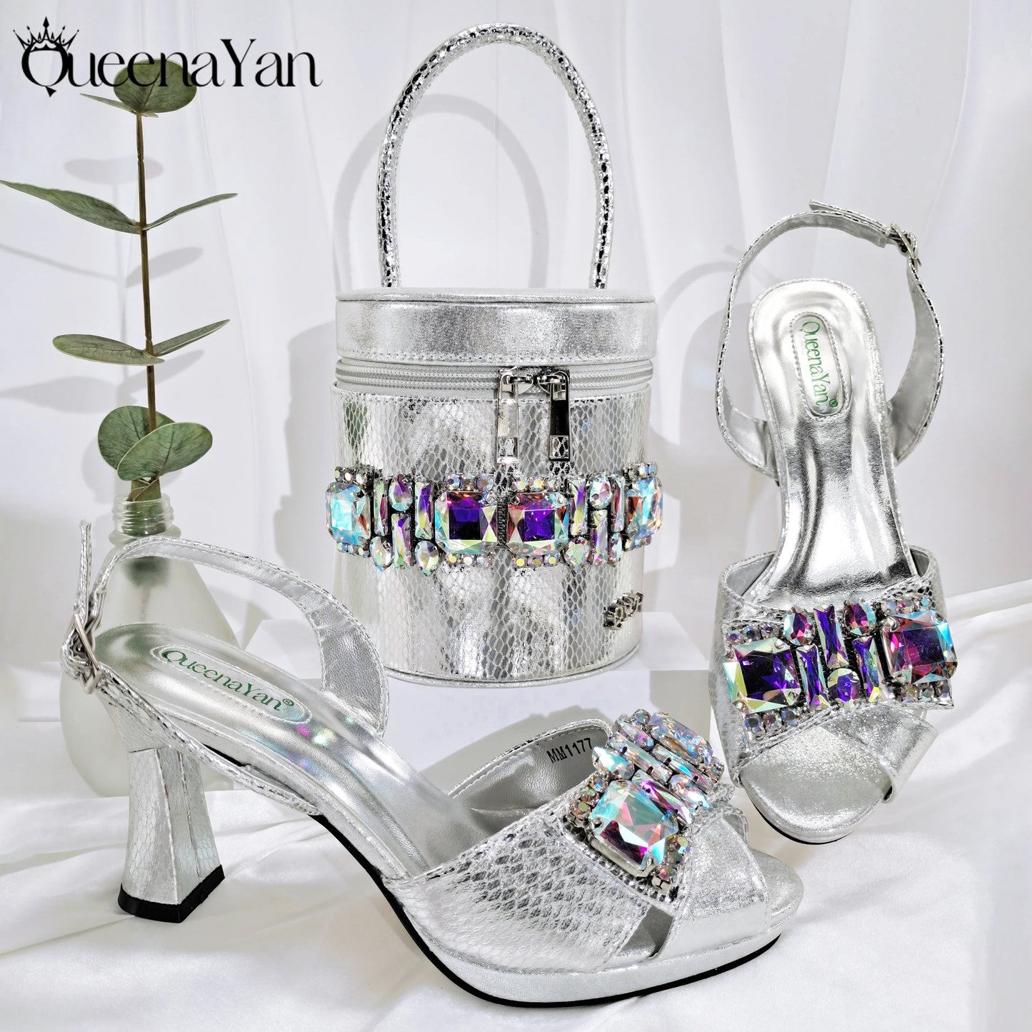 Queena Yan Nigerian-Inspired Rhinestone High Heels With Colourful Bucket Bag Fashionable Womens Footwear And Accessories Set
