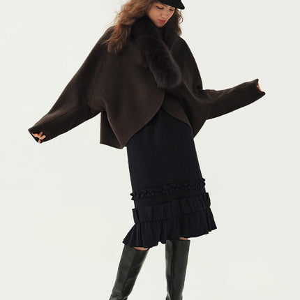 DUSHU Short Wool Coat  Fox Fur Collar and Camel Hair Women Warm Single Breasted Elegant Temperament Winter Batwing Sleeve