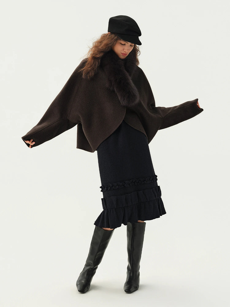 DUSHU Short Wool Coat  Fox Fur Collar and Camel Hair Women Warm Single Breasted Elegant Temperament Winter Batwing Sleeve