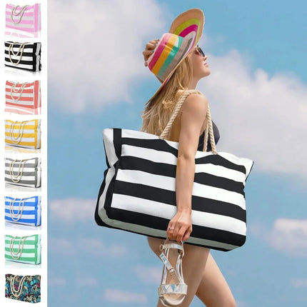 Borsa esterna a righe con cerniera per viaggi e vacanze all'aperto, in tela impermeabile e resistente alla sabbia, comoda borsa da spiaggia pieghevole