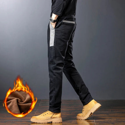 Winter New Men's Warm Slim Casual Pants Fleece Elasticity Embroidery Mid-waist Trousers Thicken Velvet Brand Straight Man Pants