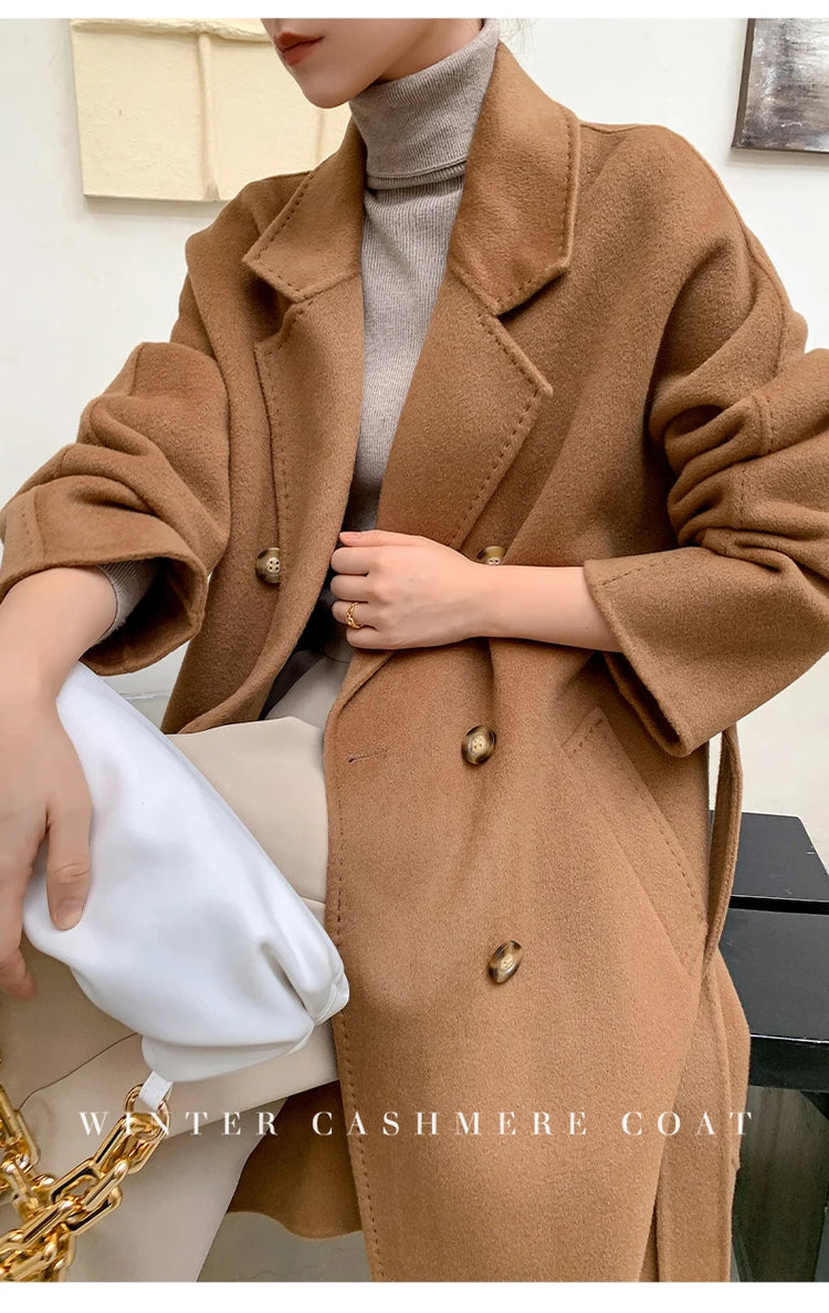 Ladies' 100% Cashmere Thick Double-Sided Extended Coat, Classic, Versatile and Fashionable for Business and Leisure