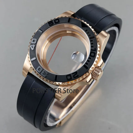 Rose Gold Men Watch Cases Rubber Strap 100 waterproof For NH34 NH35 NH36 movement 28.5mm Dial GMT YACHT-MASTER Case High quality