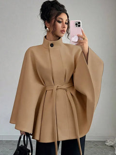 Women's Belted Wool Cape Coat High Neck Stand Collar Batwing Sleeve Loose Fit Winter Warm Poncho Outerwear 2026