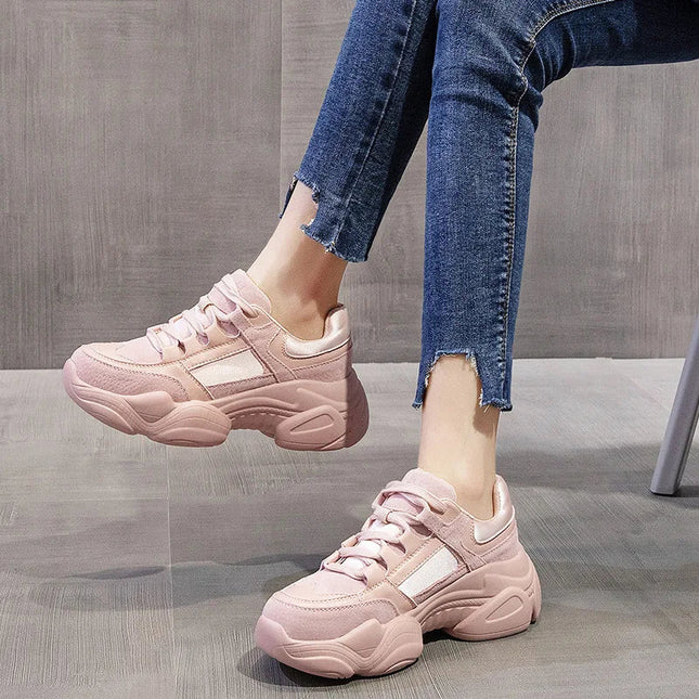 WOIZGIC Women's Female Ladies Genuine Leather Shoes Platform Lace Up Korean Sports Spring Autumn Breathable Vulcanized Shoes PlatiNum
