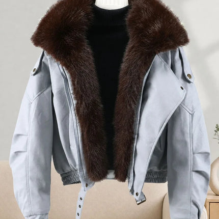 New Parkas Women Leather Jacket Big Fur Collar Tooling Cotton Jacket 2026 Winter Thicke Warm Cotton Padded Coat Female Outerwear