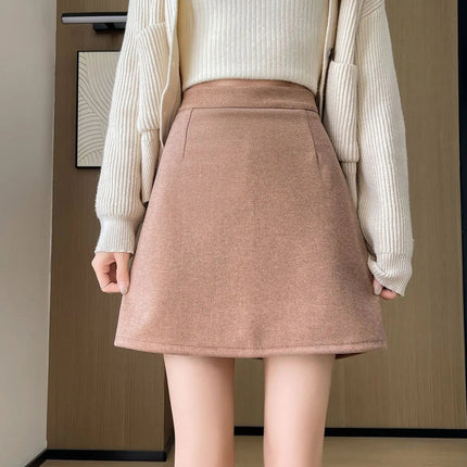 Autumn Winter Anti-Exposure Woolen Mini Skirt Women Korean College Style Short Skirts New Thicken Warm High Waist A-Line Skirt PlatiNum