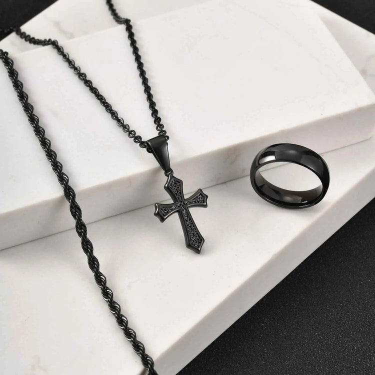 Set di Gioielli Hip Hop da Uomo 3 Pezzi, Ciondolo a Croce in Acciaio Inossidabile, Bracciale con Catena a Corda Intrecciata, Set di Gioielli Regalo per Papà, Figlio, Marito platinumshop