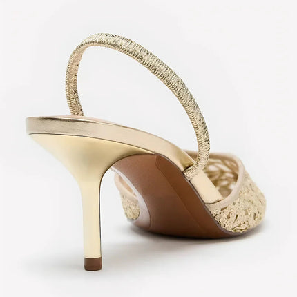 Gold Mesh Embroidered Floral Design Mules Sandals Women Sexy Pointed-Toe Back Strap High Heels for Ladies Elegant Party Shoes PlatiNum