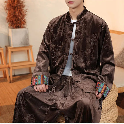 Giacca in velluto da uomo in stile cinese con stampa drago camicie da uomo tradizionale abito Tang Kung Fu Tai Chi camicie casual retrò abbigliamento da uomo