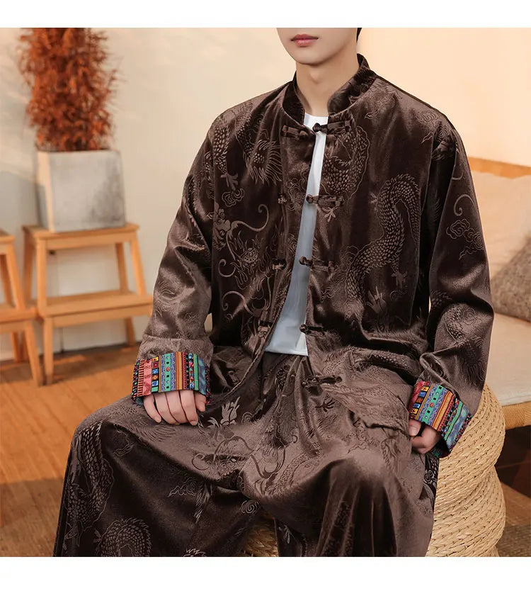 Giacca in velluto da uomo in stile cinese con stampa drago camicie da uomo tradizionale abito Tang Kung Fu Tai Chi camicie casual retrò abbigliamento da uomo
