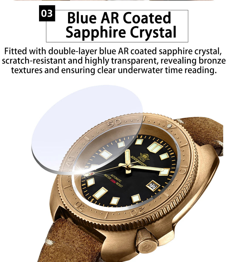 ADDIESDIVE CUSN8 Bronze Watch Men Automatic Wristwatch Calendar Sapphire Glass Luminous 20Bar Waterproof Diving Mechanical Watch