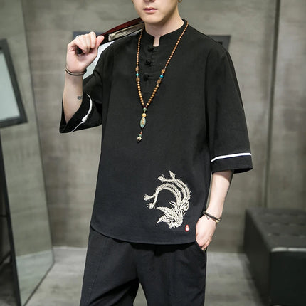 Ricamo Phoenix camicie a maniche corte uomo stile cinese cotone lino Cardigan retrò Mens tradizionale Kung Fu Tai Chi Casual Top