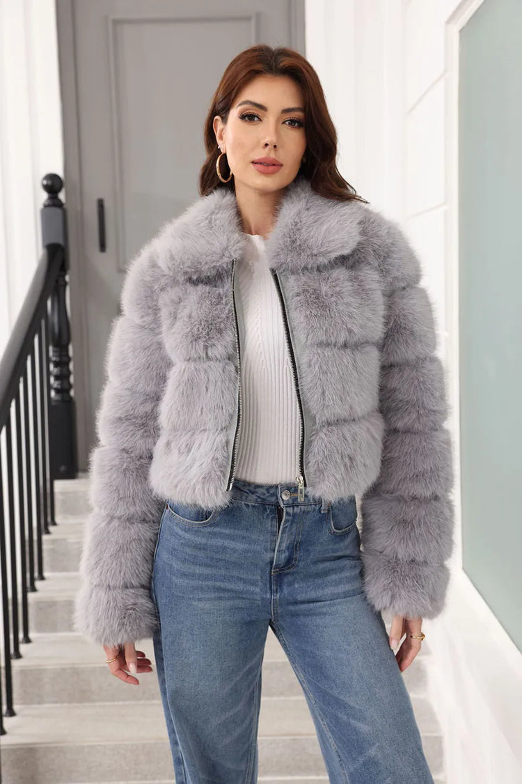 ZADORIN 2025 Chic Winter Fur Coats Woman Spliced Cropped Fluffy Faux Fur Jacket Woman Lapel Zipper Fox Fur Faux Coat Y2K Clothes